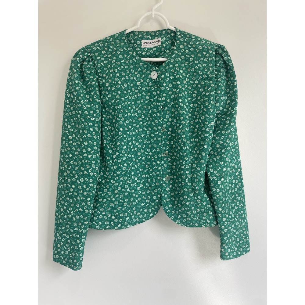 Vintage Andrea Gayle Green White Floral Blazer Skirt Suit‎ Set Size 10